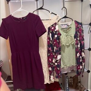 5 PC Purple Dress, Cream Lace Dress, Floral Cardigan with Green Top